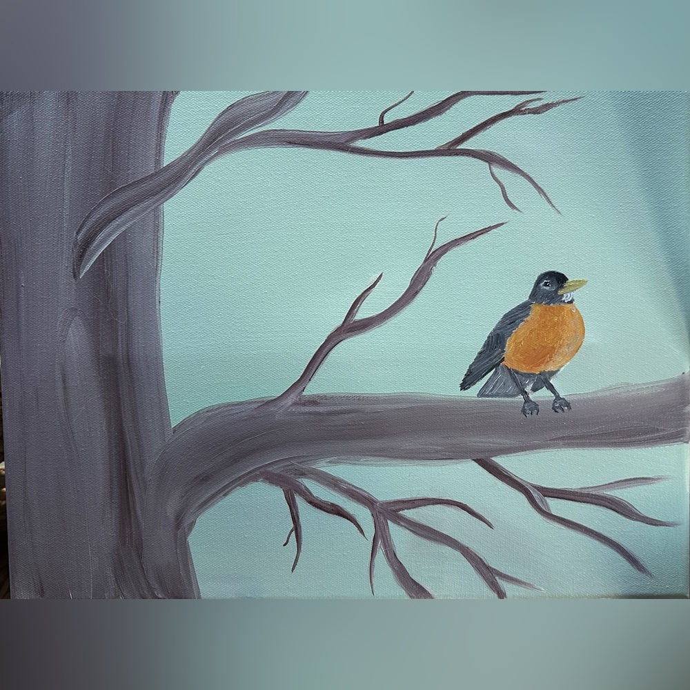 Hand-Painted Bird Canvas Painting- Orange and Gray